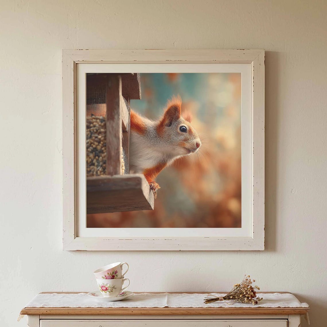 Red Squirrel at Bird Feeder Autumn Bokeh Wildlife Photo Poster