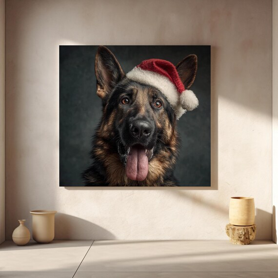 Happy German Shepherd In Santa Hat Christmas Dog Portrait Poster