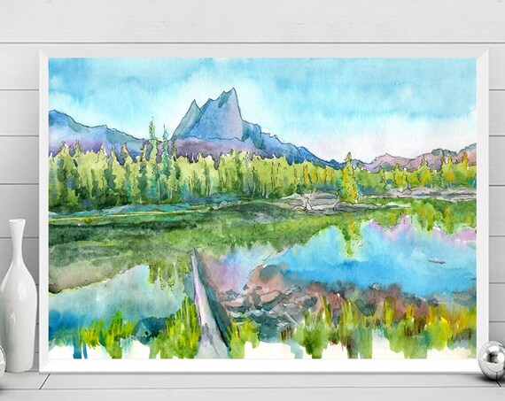 Sawtooth Ridge Idaho Mountain Lake Watercolor Landscape Poster