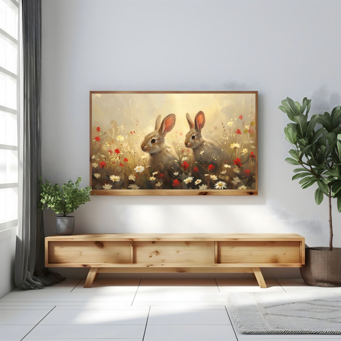 Two Rabbits in a Wildflower Meadow Golden Hour Painting Poster - Image 3