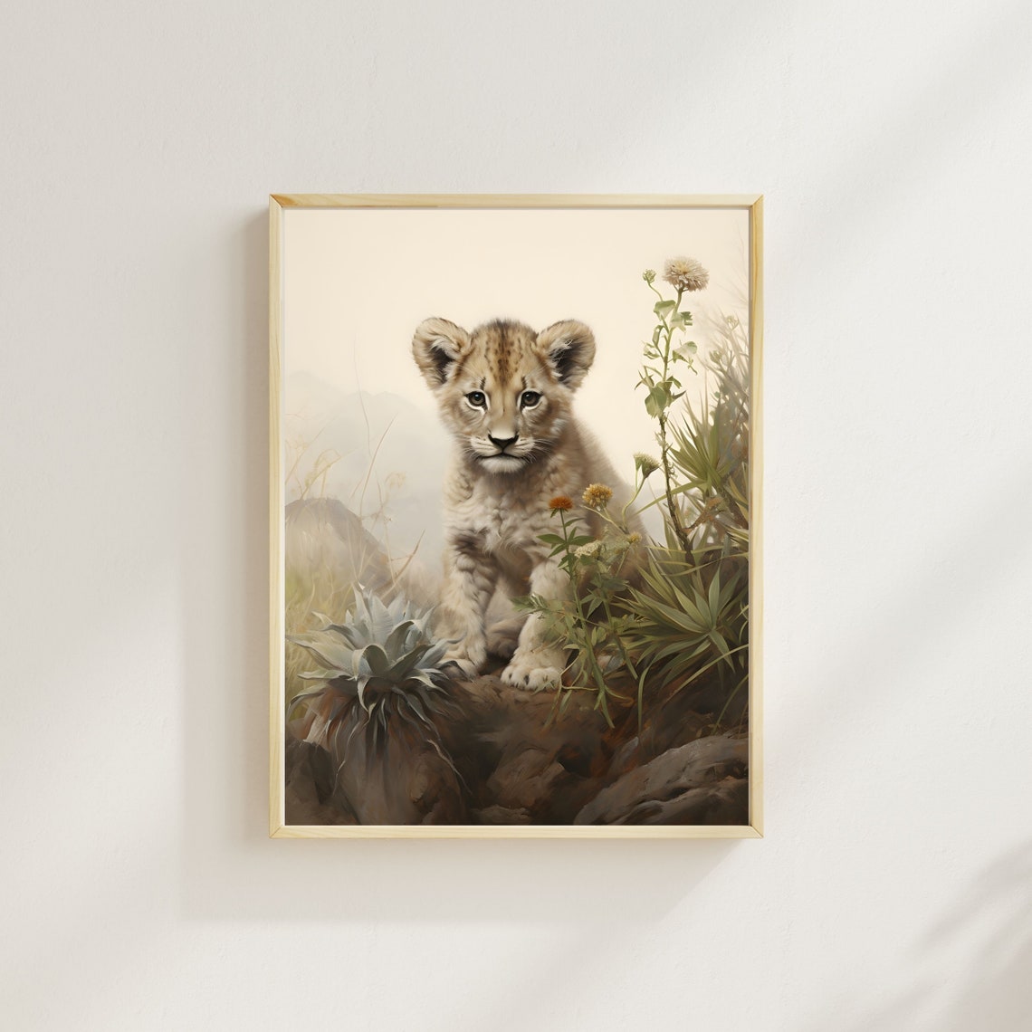 Cute Lion Cub Among Wildflowers Vintage Safari Nursery Wall Art - Image 3