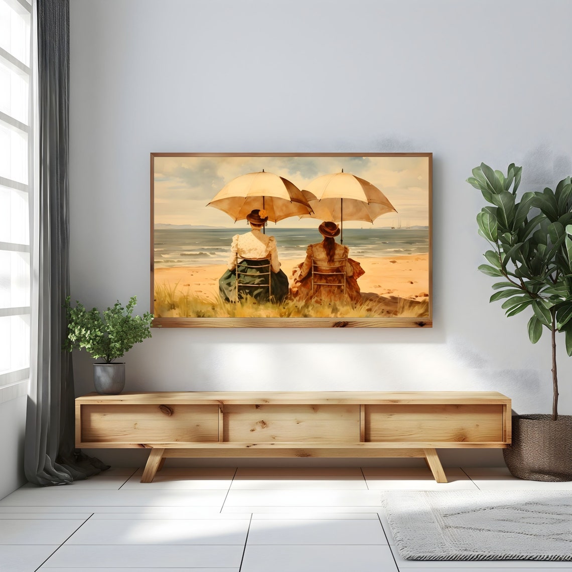 Two Women with Parasols on Beach Vintage Seaside Art Painting Poster - Image 2