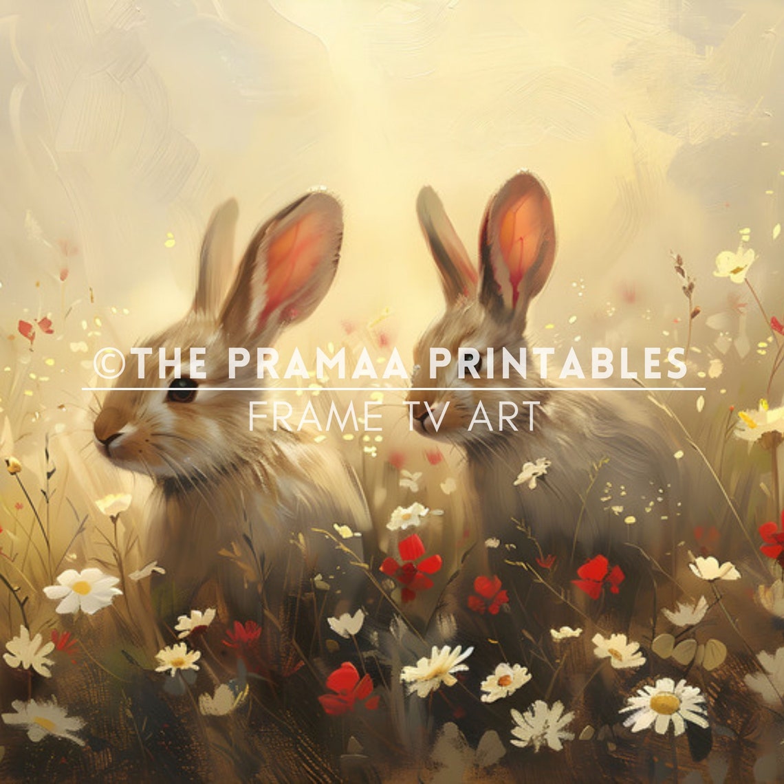 Two Rabbits in a Wildflower Meadow Golden Hour Painting Poster - Image 2