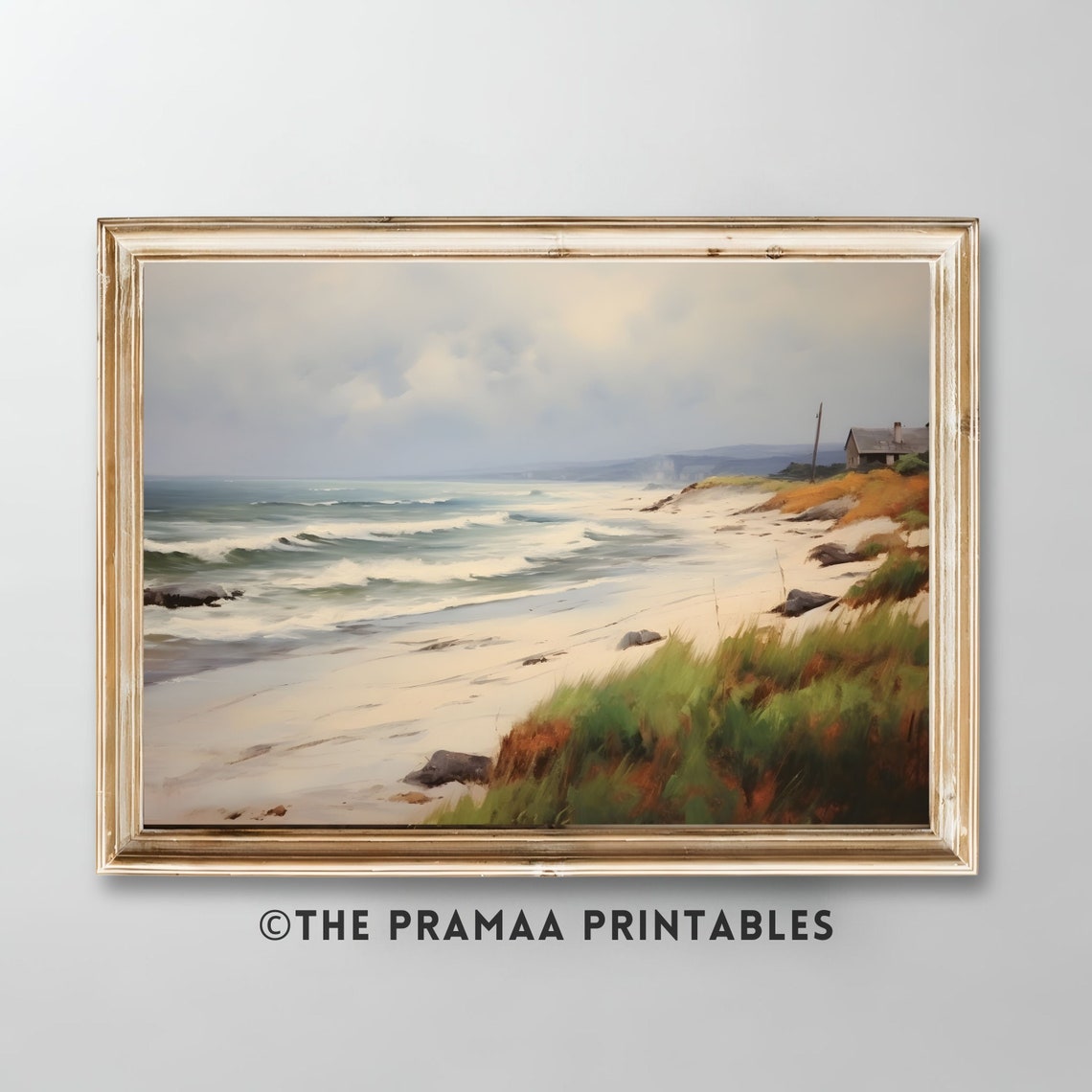 Waves on a Rocky Shore with Cottage Moody Coastal Painting Poster