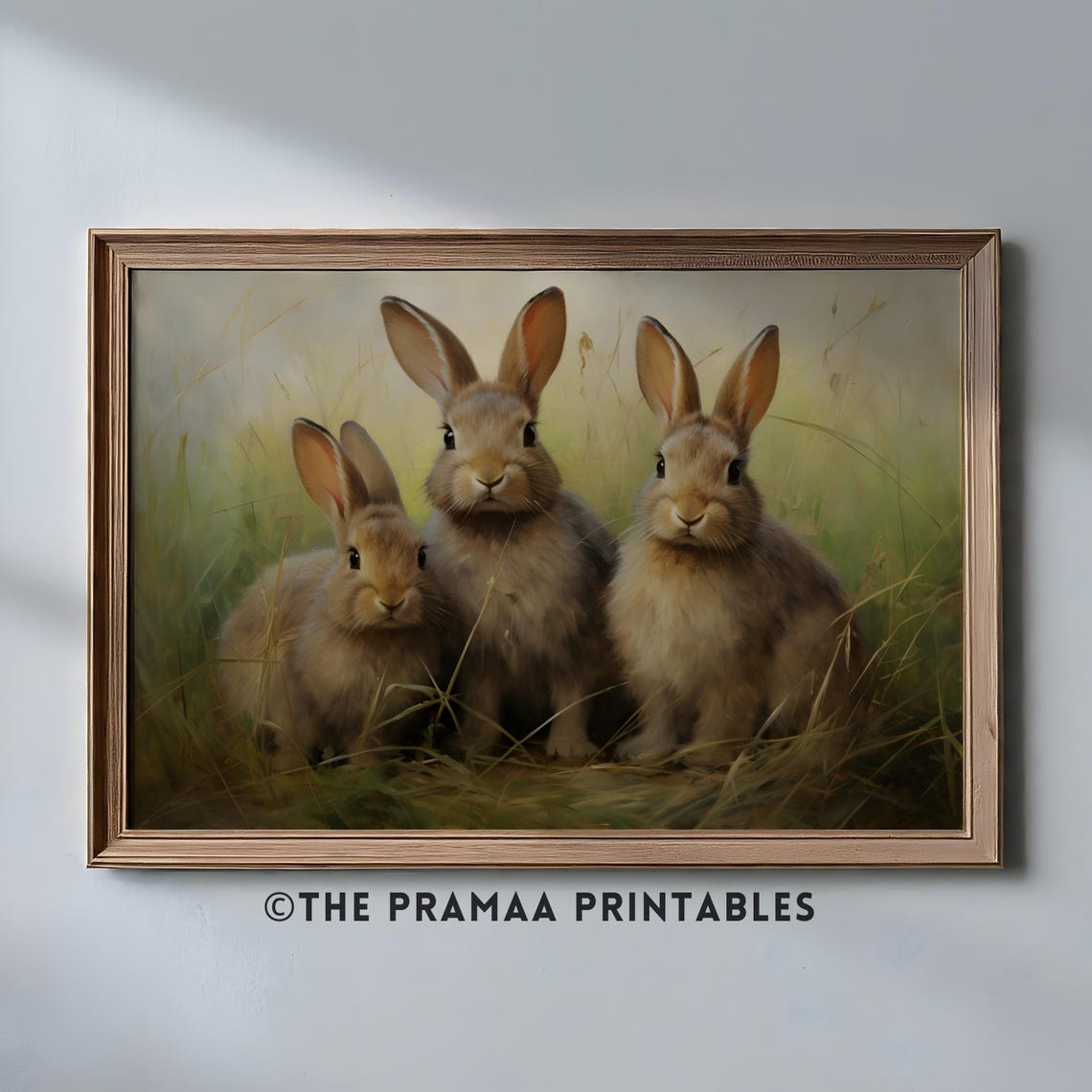 Three Young Rabbits in Green Grass Warm Vintage Bunny Poster