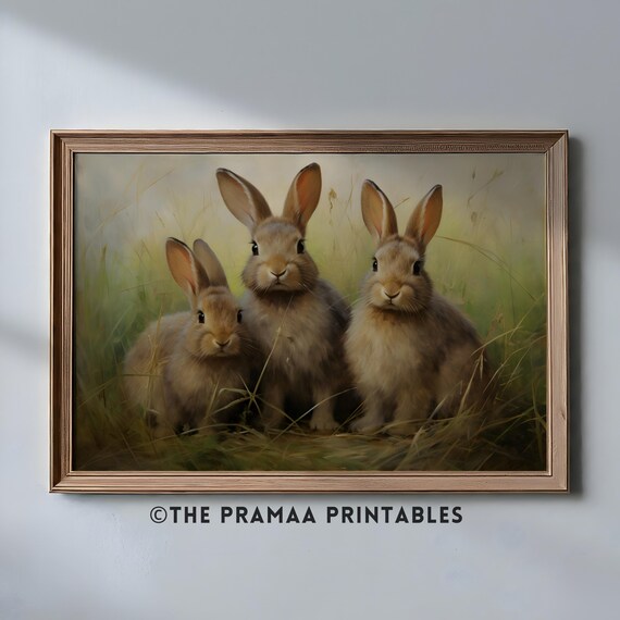 Three Young Rabbits in Green Grass Warm Vintage Bunny Poster