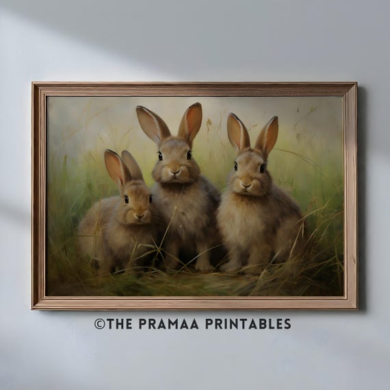 Vintage Easter Bunny Painting Cute Rabbits Art Print Landscape Rustic Spring Decor Woodland Animal Nursery Wall Art Ew27