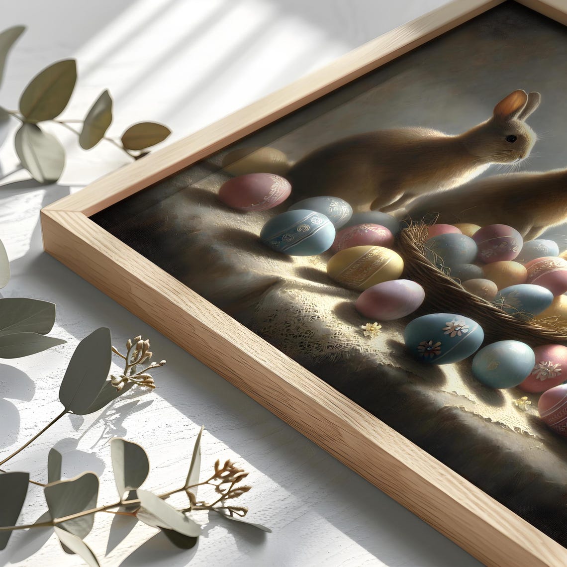 Four Rabbits With Painted Easter Eggs Moody Vintage Bunny Poster - Image 2