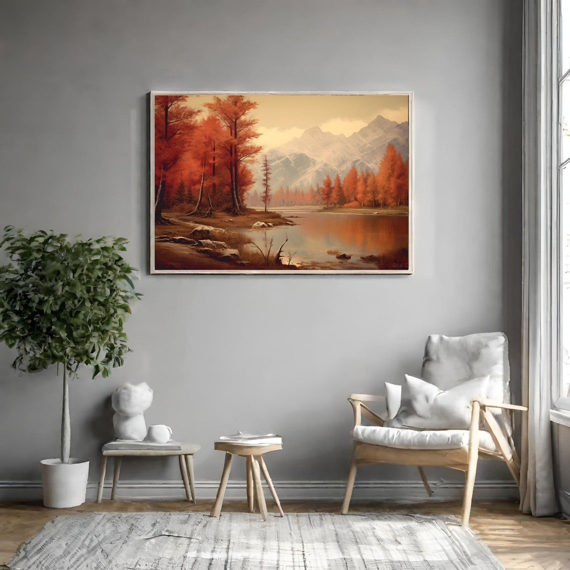 Autumn Lake with Red Trees and Mountains Vintage Landscape Poster - Image 3