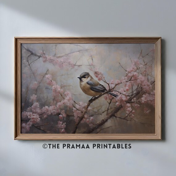 Chickadee Bird on Pink Cherry Blossom Branch Spring Painting Poster