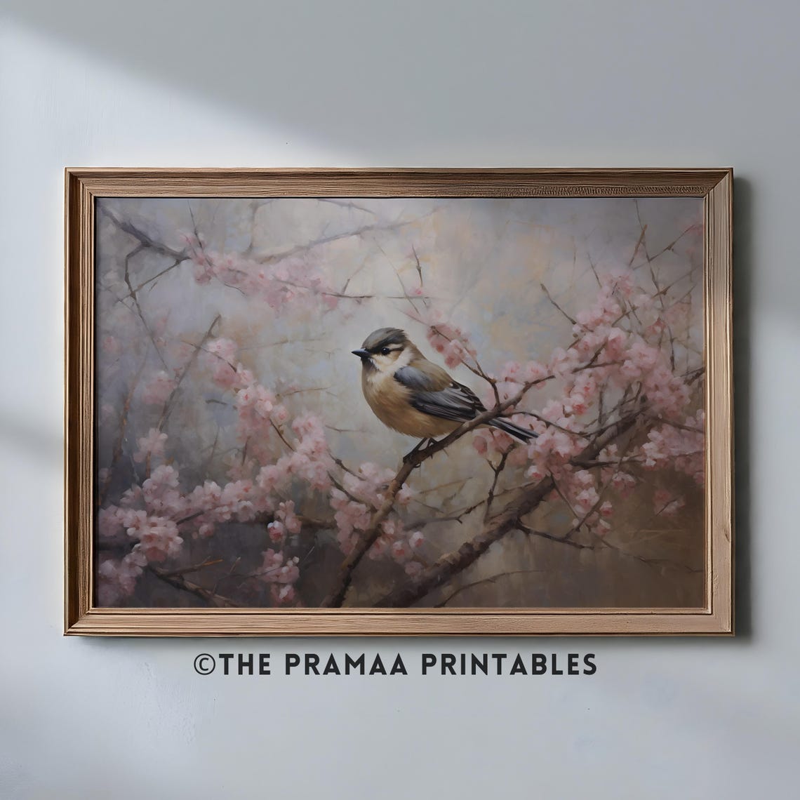 Chickadee Bird on Pink Cherry Blossom Branch Spring Painting Poster