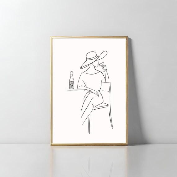 Minimalist Line Art Woman With Martini Chic Fashion Drawing Wall Art
