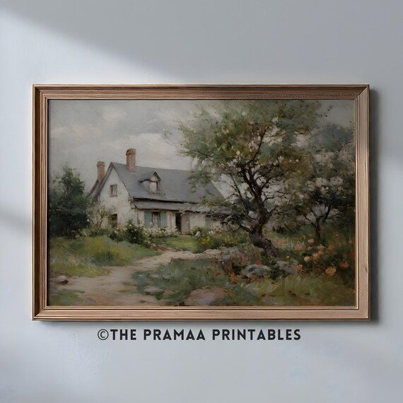 Old Stone Cottage With Blooming Garden Vintage Country Poster