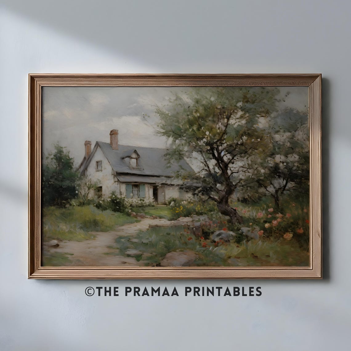 Old Stone Cottage With Blooming Garden Vintage Country Poster