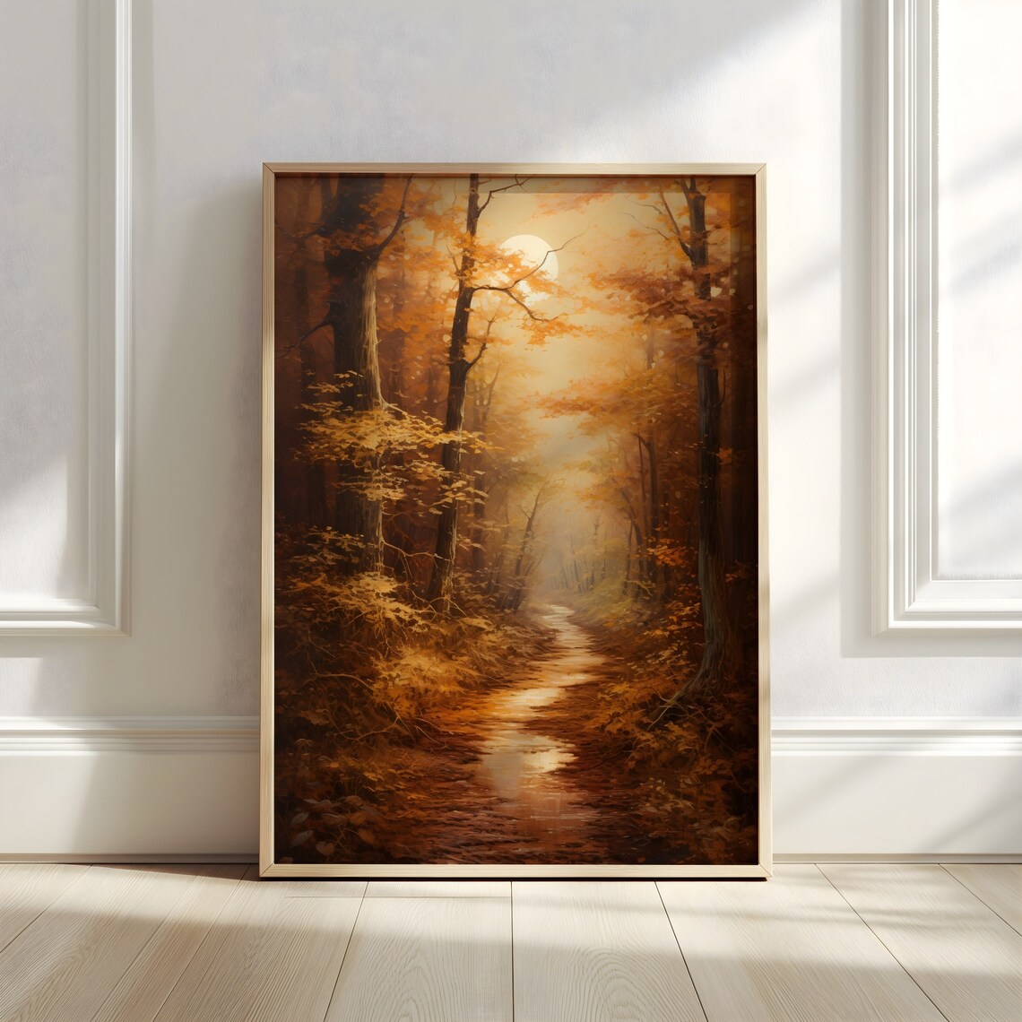 Misty Autumn Forest Path with Sunlight Woodland Painting Poster - Image 3