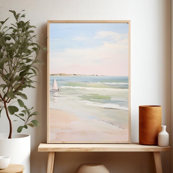 Pastel Beach Sailboat Watercolor Coastal Shoreline Painting Poster