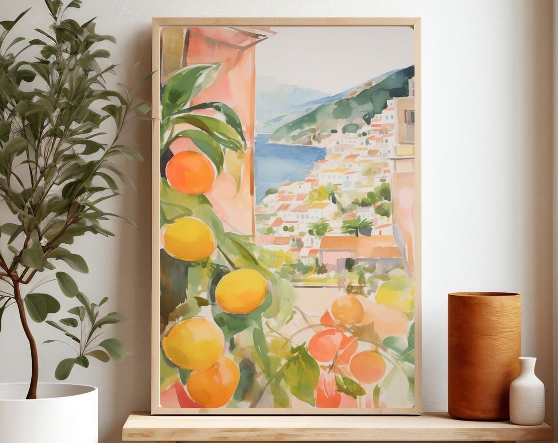 Amalfi Coast Lemon Tree View Watercolor Italian Village Sea Poster
