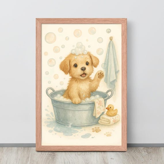 Puppy Bath Time Nursery Decor, Watercolor Poster