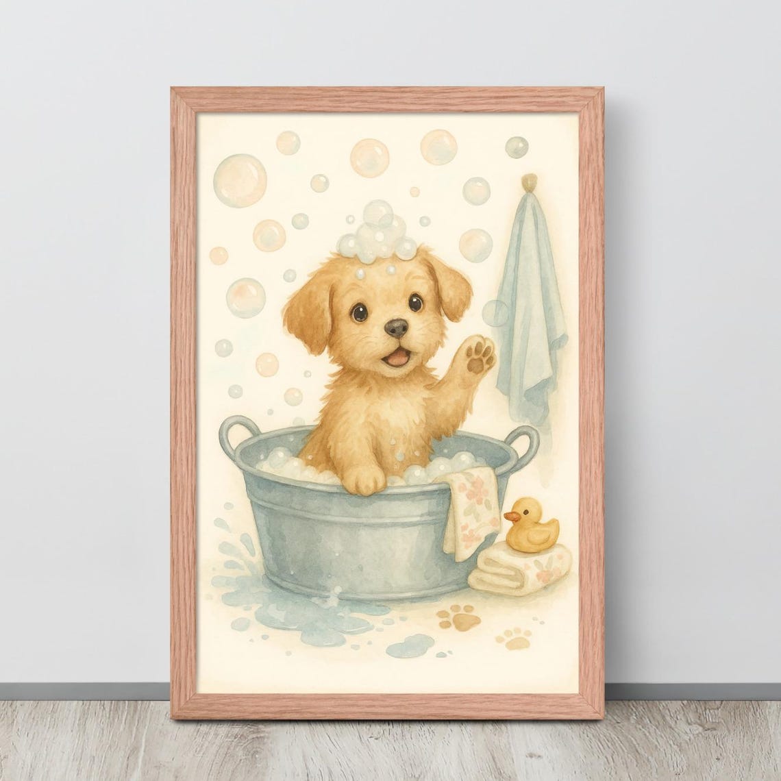 Puppy Bath Time Nursery Decor, Watercolor Poster