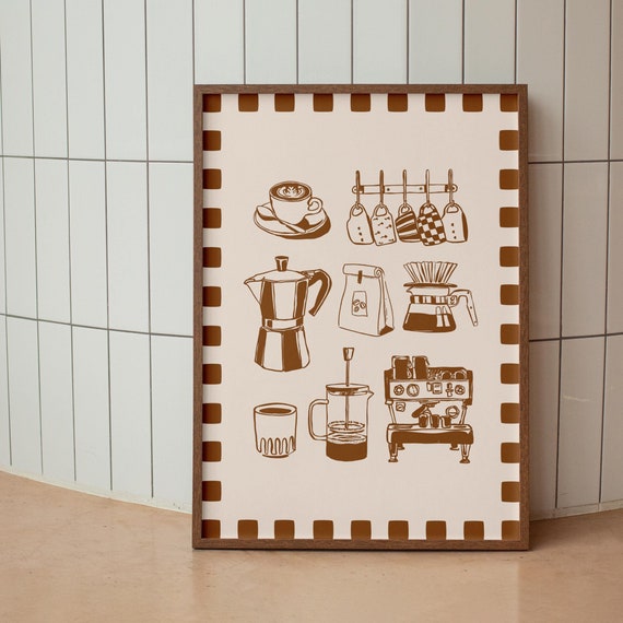 Brown Coffee Poster Coffee Art Retro Kitchen Wall Art Brown Coffee Poster Moka Pot Print Aesthetic Fun Wall Art