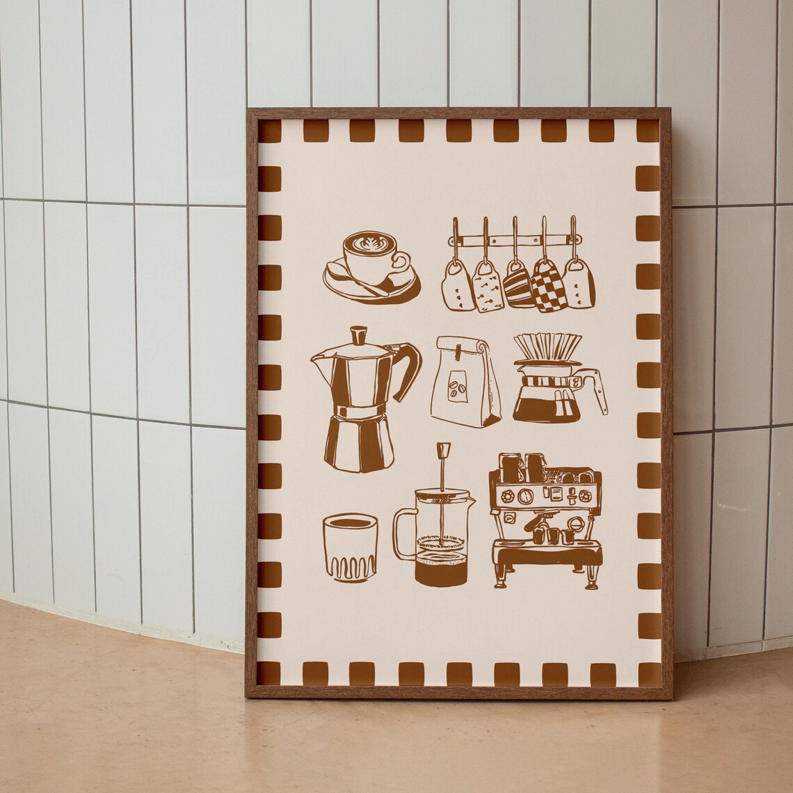 Brown Coffee Icons Moka Pot Espresso Machine Line Grid Poster