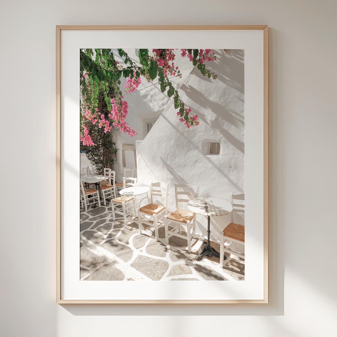 White Greek Courtyard Pink Bougainvillea Cafe Tables Travel Poster