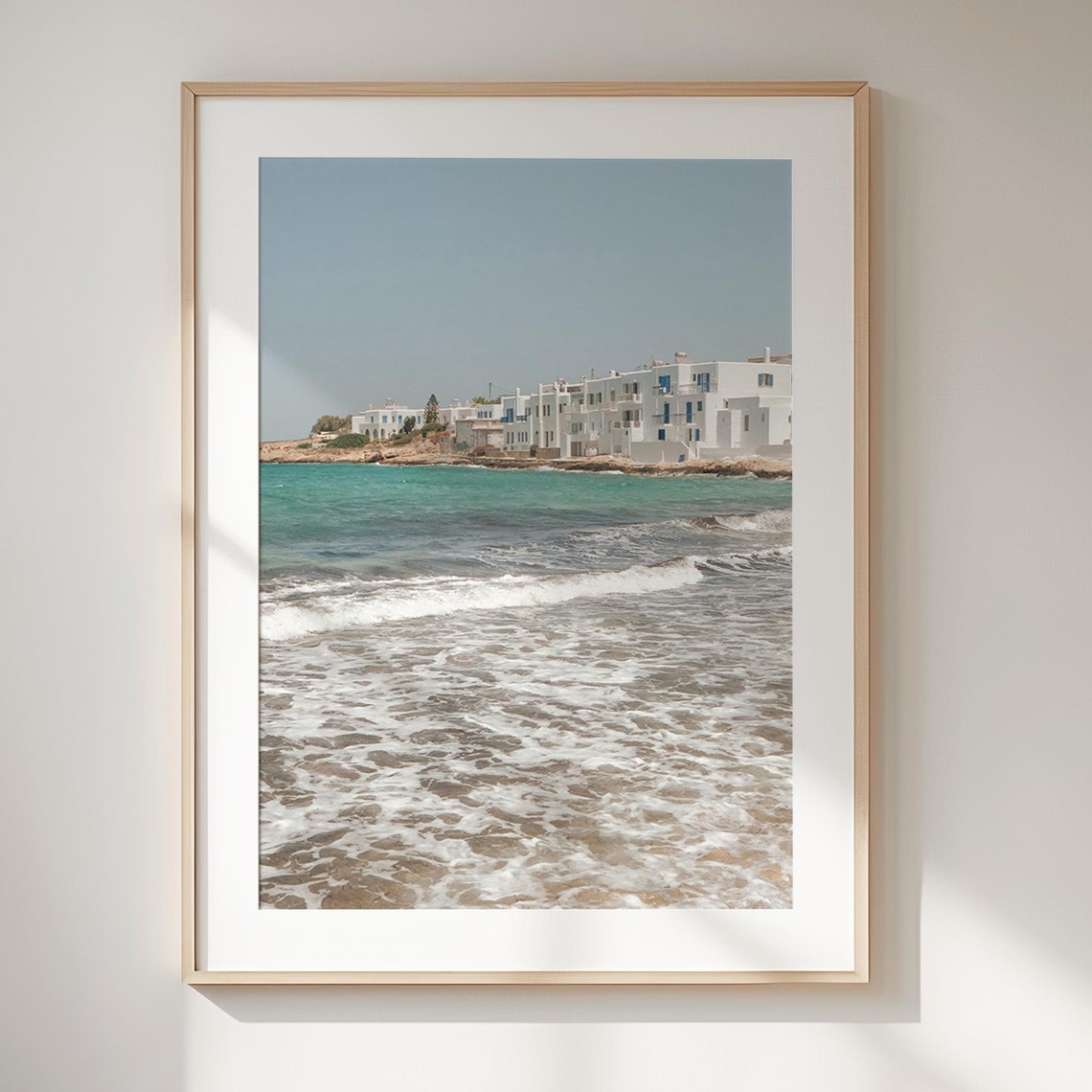 Greek Coastal Town White Buildings Blue Shutters Waves Poster