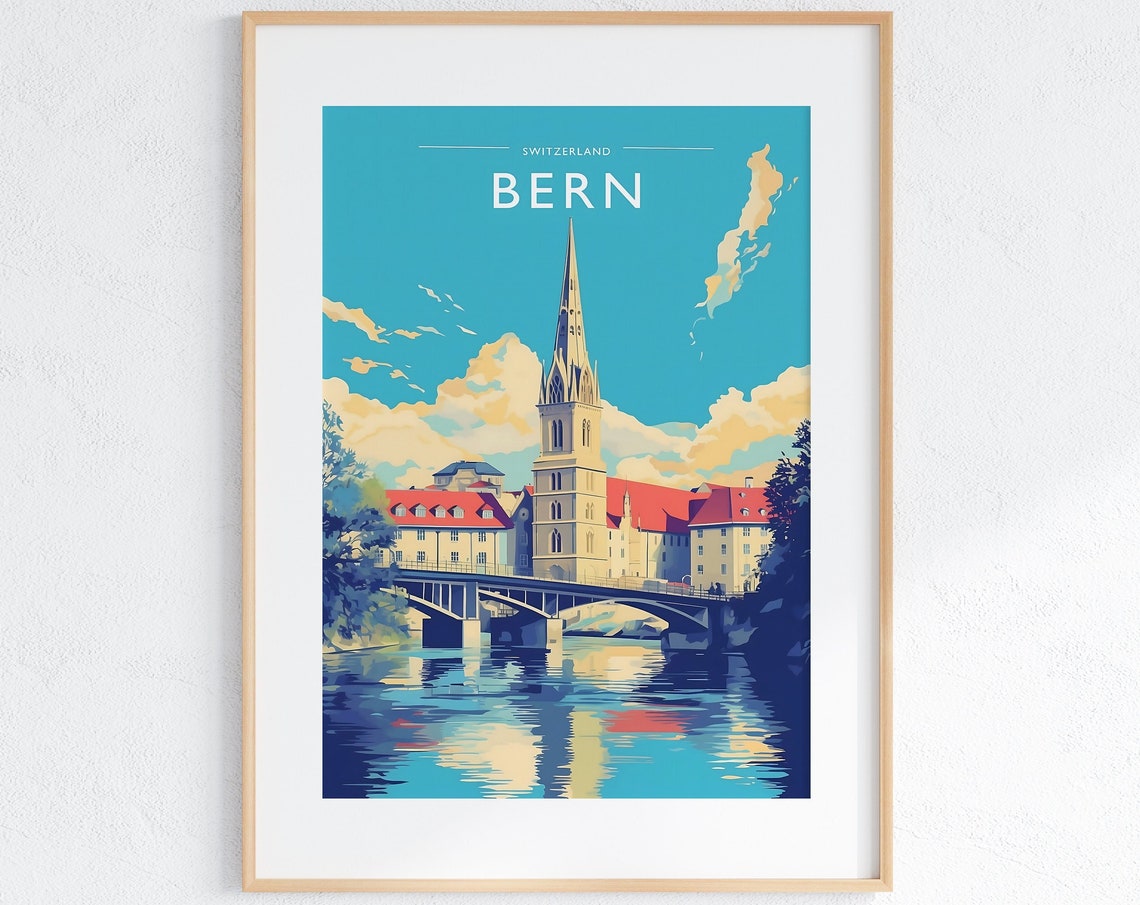 Bern Switzerland Cathedral Spire Old Town River Travel Poster