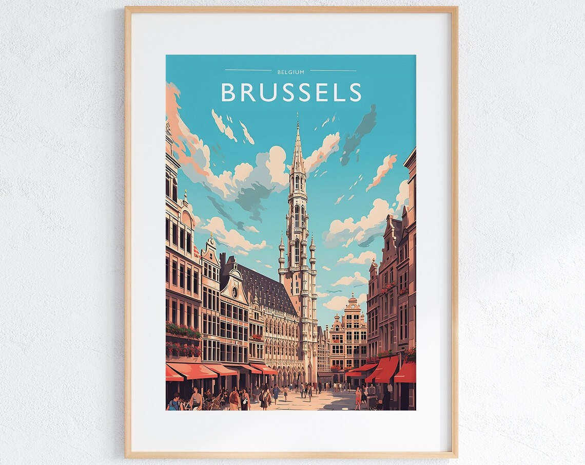 Brussels Belgium Grand Place Historic Town Hall Spire Travel Poster