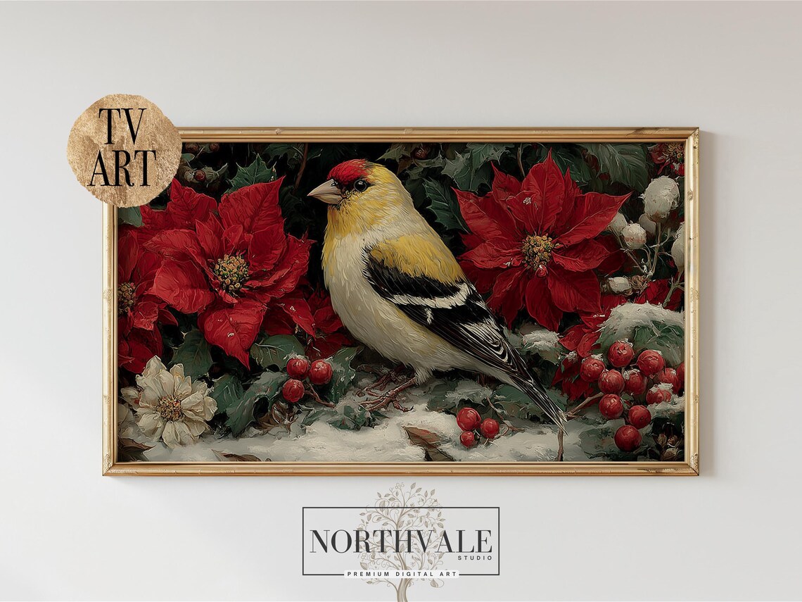Goldfinch Among Red Poinsettias Winter Botanical Bird Poster