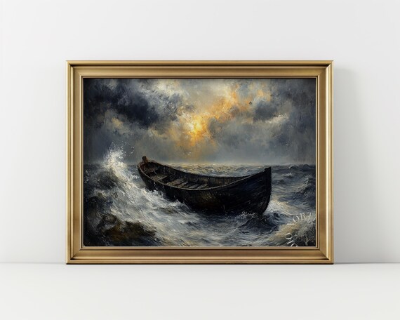 Stormy Seascape Wooden Rowboat Dramatic Waves Golden Light Oil Painting Poster