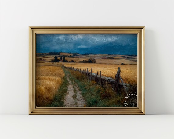 Rustic Autumn Field Oil Painting Vintage Farmhouse Art