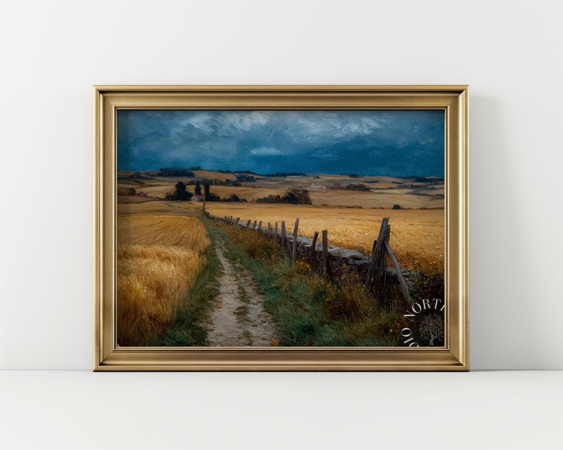Rustic Autumn Field Oil Painting Country Path Golden Wheat Stormy Sky Poster