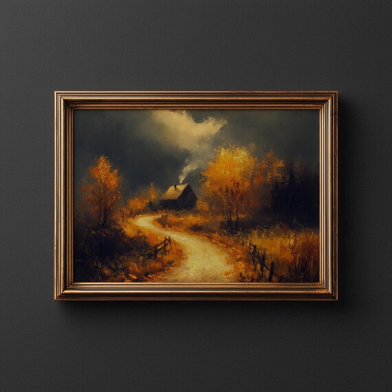 Moody Autumn Countryside Rustic Landscape Art Winding Lane With Golden Leaves Vintage Fall Decor Wall 231