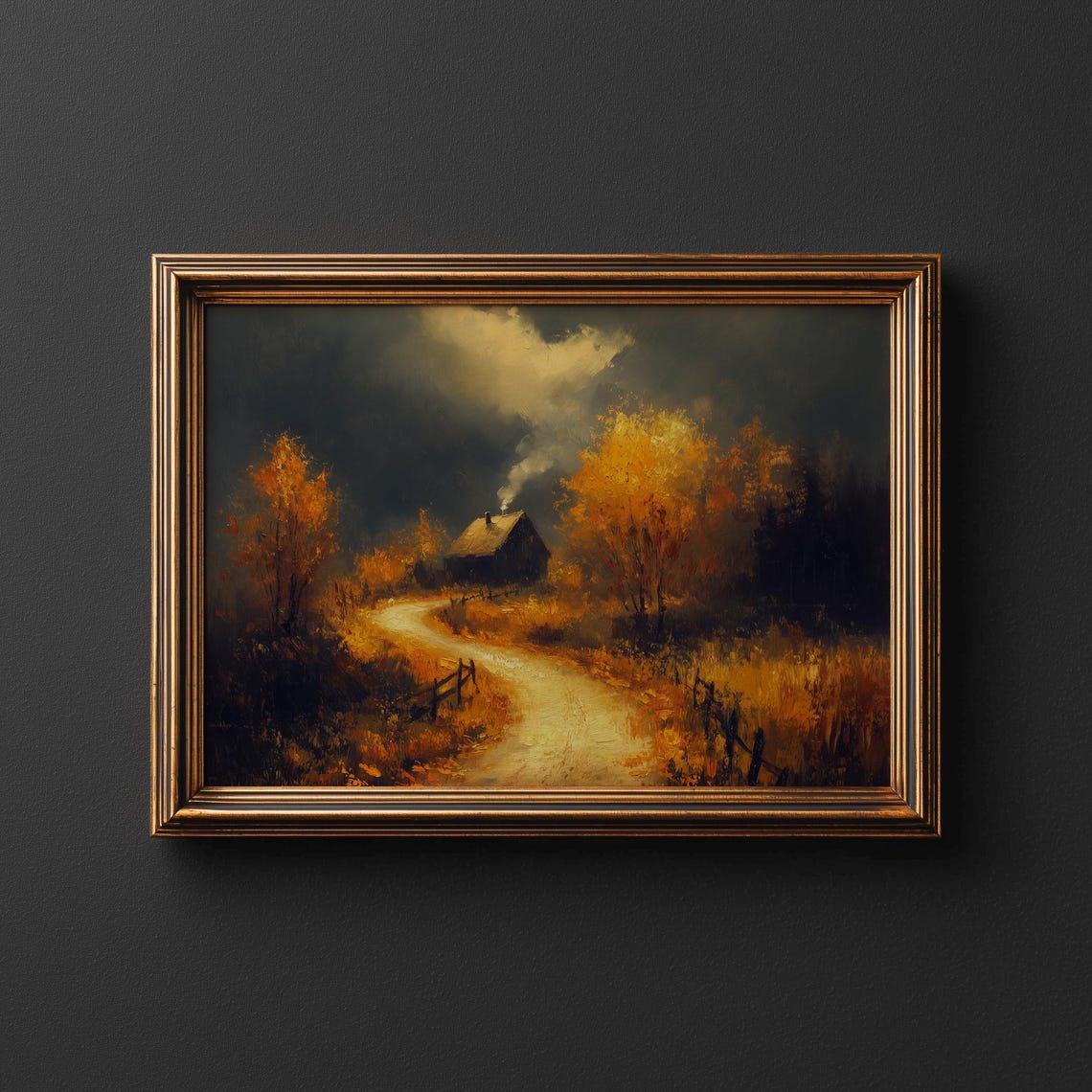Moody Autumn Countryside Winding Lane Golden Trees Cabin Art Poster
