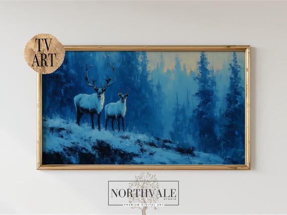 Winter Reindeer Painting Frame Tv Art Snowy Forest Scene Wall Decor Rustic Christmas Samsung 112