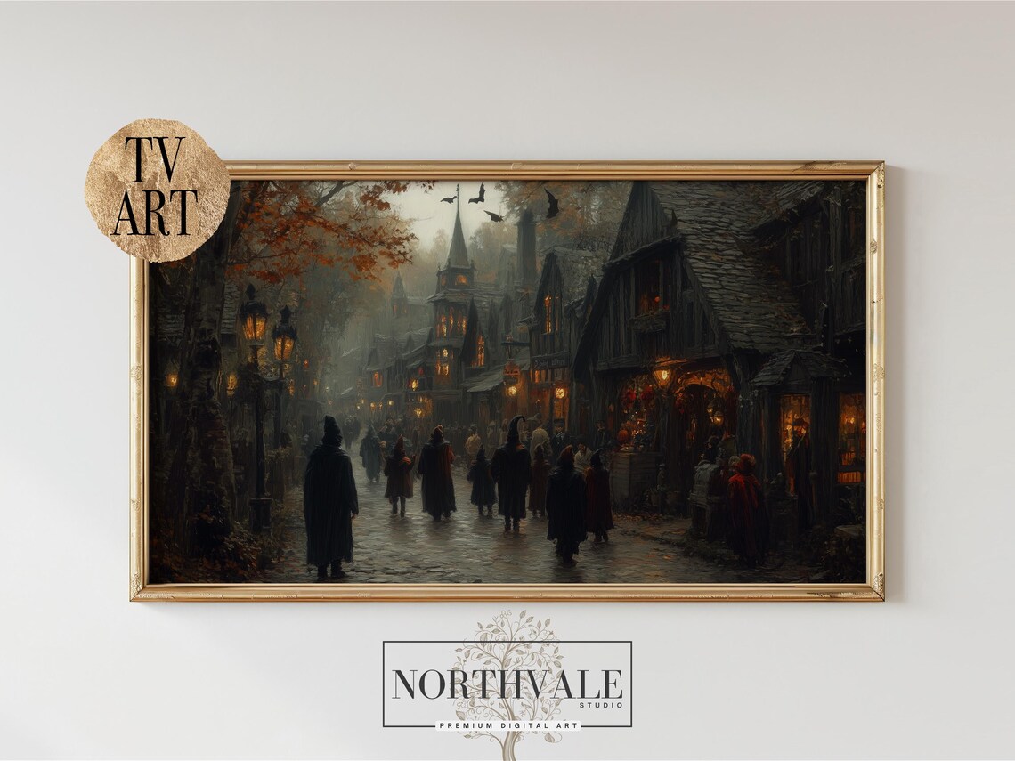 Moody Halloween Street Scene Vintage Village Art Print
