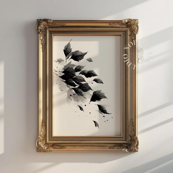Autumn Leaves Ink Drawing Elegant Black And White Art Minimalist Fall Decor Wall Swirl Contemporary Nature Print 139