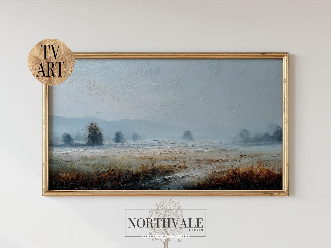 Misty Autumn Field Fog Trees Moody Landscape Oil Painting Poster