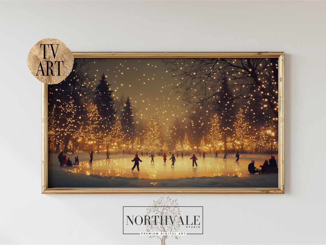 Night Ice Skating Rink Golden Holiday Lights Winter Tv Art Poster