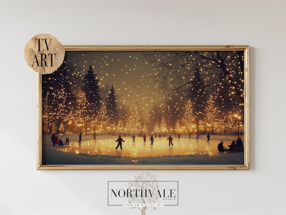 Night Ice Skating Rink Golden Holiday Lights Winter Tv Art Poster