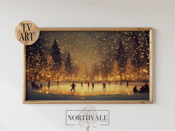 Winter Ice Skating Frame Tv Art Oil Painting Of Children Rustic Scene Cosy Holiday Decor Vintage Christmas 43