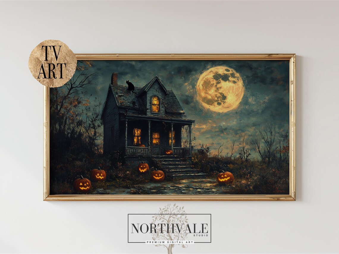 Haunted House Halloween Moonlight Painting, Spooky Decor