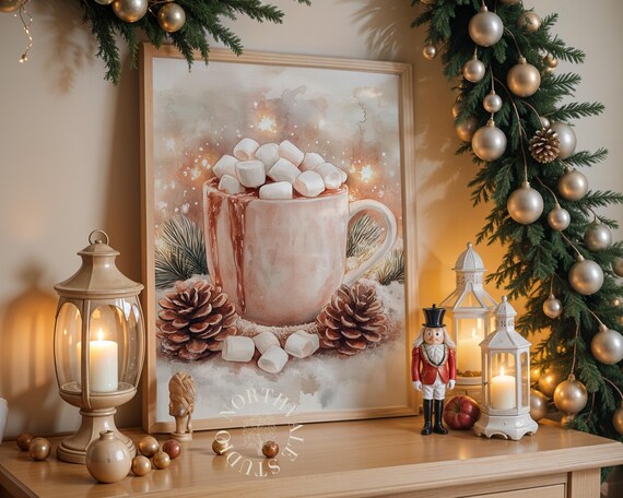 Cosy Winter Mug With Hot Chocolate Festive Wall Art Rustic Farmhouse Decor Watercolour Still Life 234