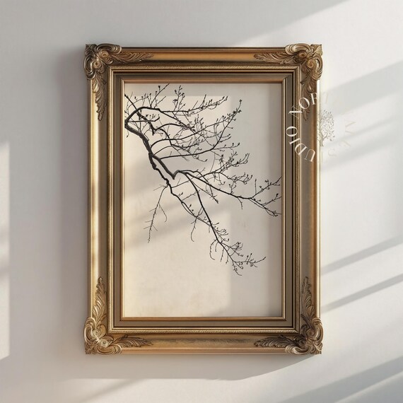 Drooping Bare Tree Branch Minimalist Botanical Wall Art Vintage Decor