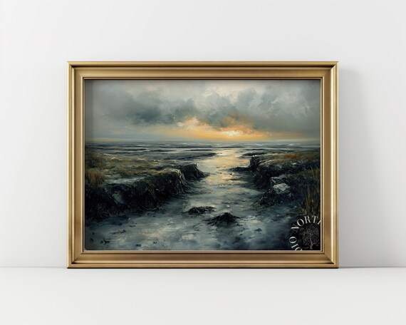 Moody Seascape at Dusk with Golden Sunset over Tidal Flats Poster