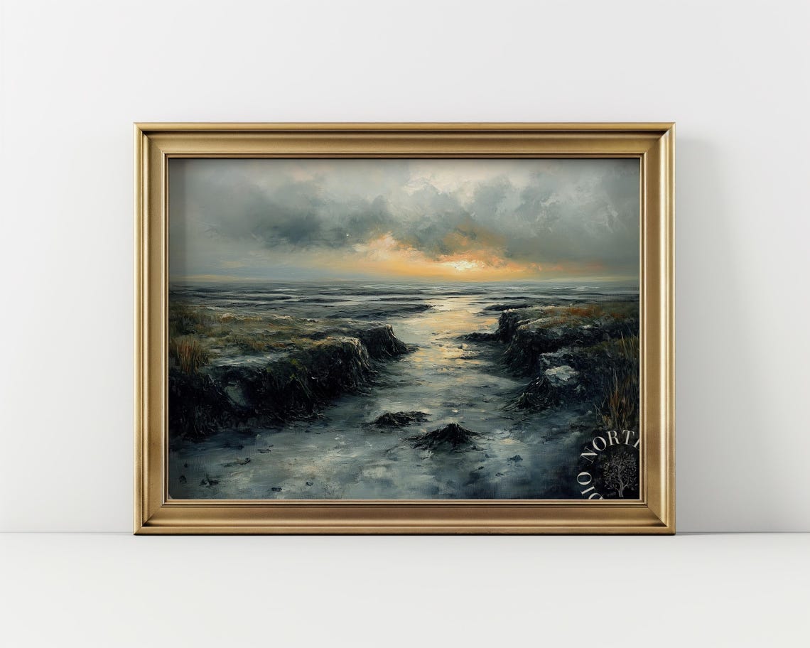 Moody Seascape at Dusk with Golden Sunset over Tidal Flats Poster