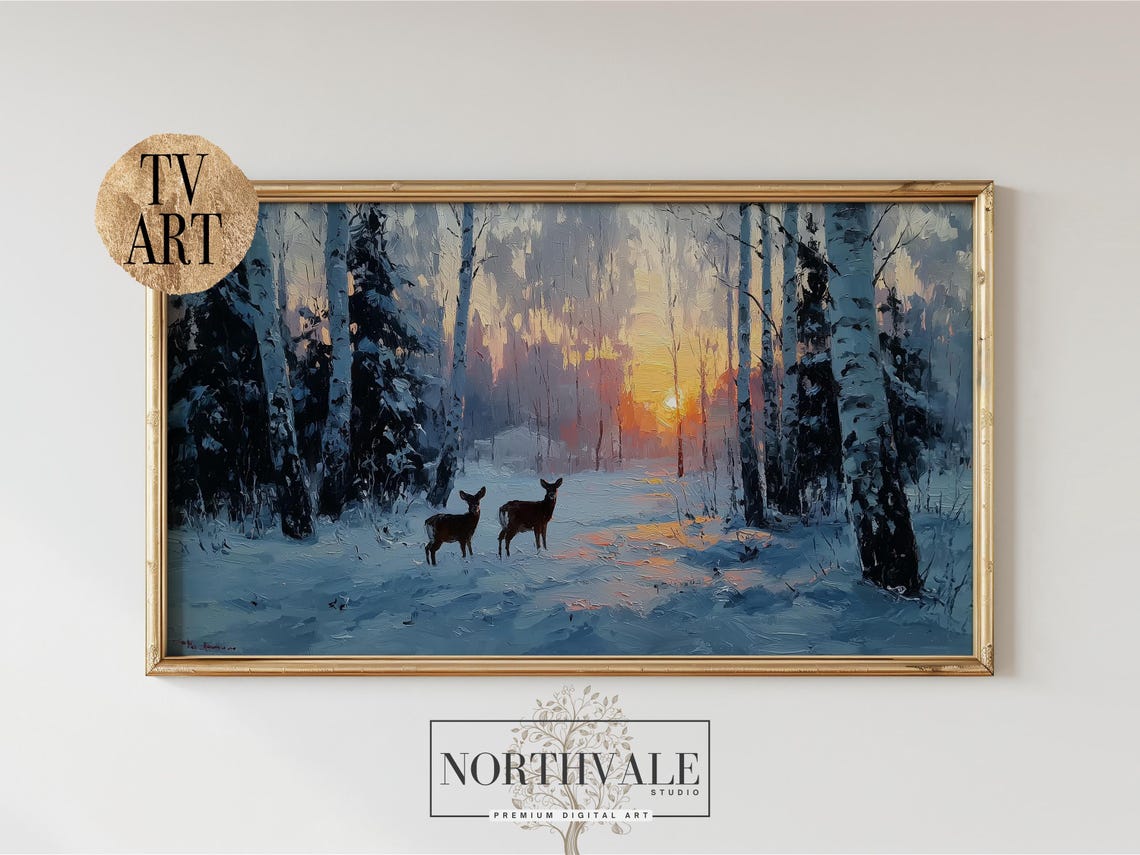 Winter Deer Family Snowy Birch Forest Sunset Painting Poster