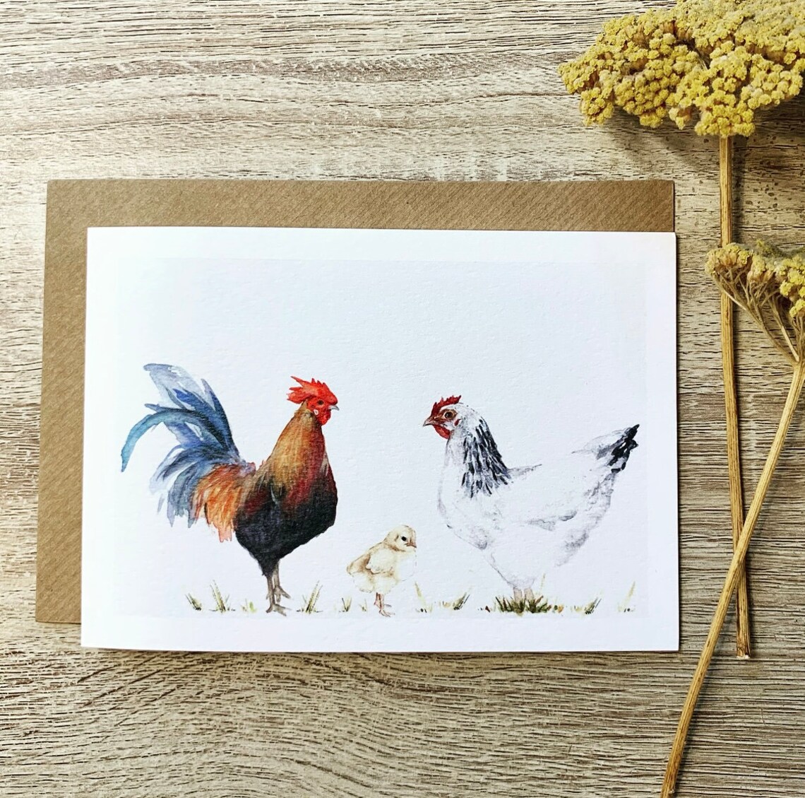 Watercolor Rooster Hen and Chick Farm Chicken Family Card Poster