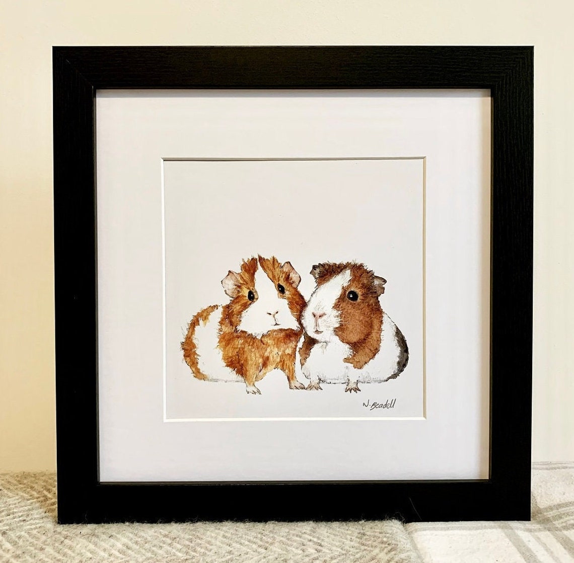 Two Guinea Pigs Watercolor Cute Pet Portrait Animal Painting Poster